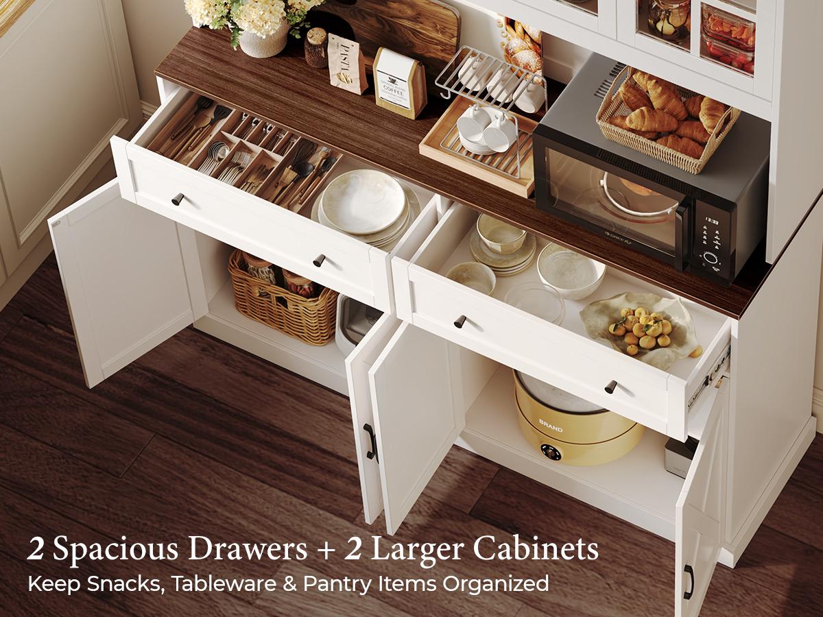 【2 Packages Shipping】PRAISUN 71''H x 55.1''W Pantry Cabinet with Charging Station, 4 Wide Cabinets Kitchen Pantry with 2 Drawers, Farmhouse Hutch Storage Cabinet, Tall Coffee Bar, Acrylic Door, Adjustable Shelves