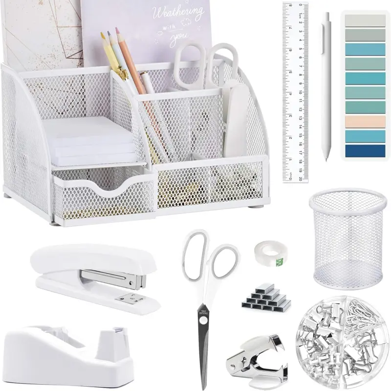 Multifunctional Cute Look Mesh White Desk Organizer Set (12pcs, Metal+Plastic) for Home/School/Office - Includes Tape Dispenser, Stapler, Staples, Staple Remover, Pen Holder, Scissors, Ruler, Sticky Tabs, Tape, Ballpoint Pen, Clips