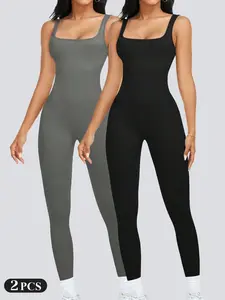 2 Pcs Womens Workout Rompers Jumpsuits Seamless Ribbed Yoga Gym One Piece Sleeveless Square Neck Tank Top Leggings Unitard