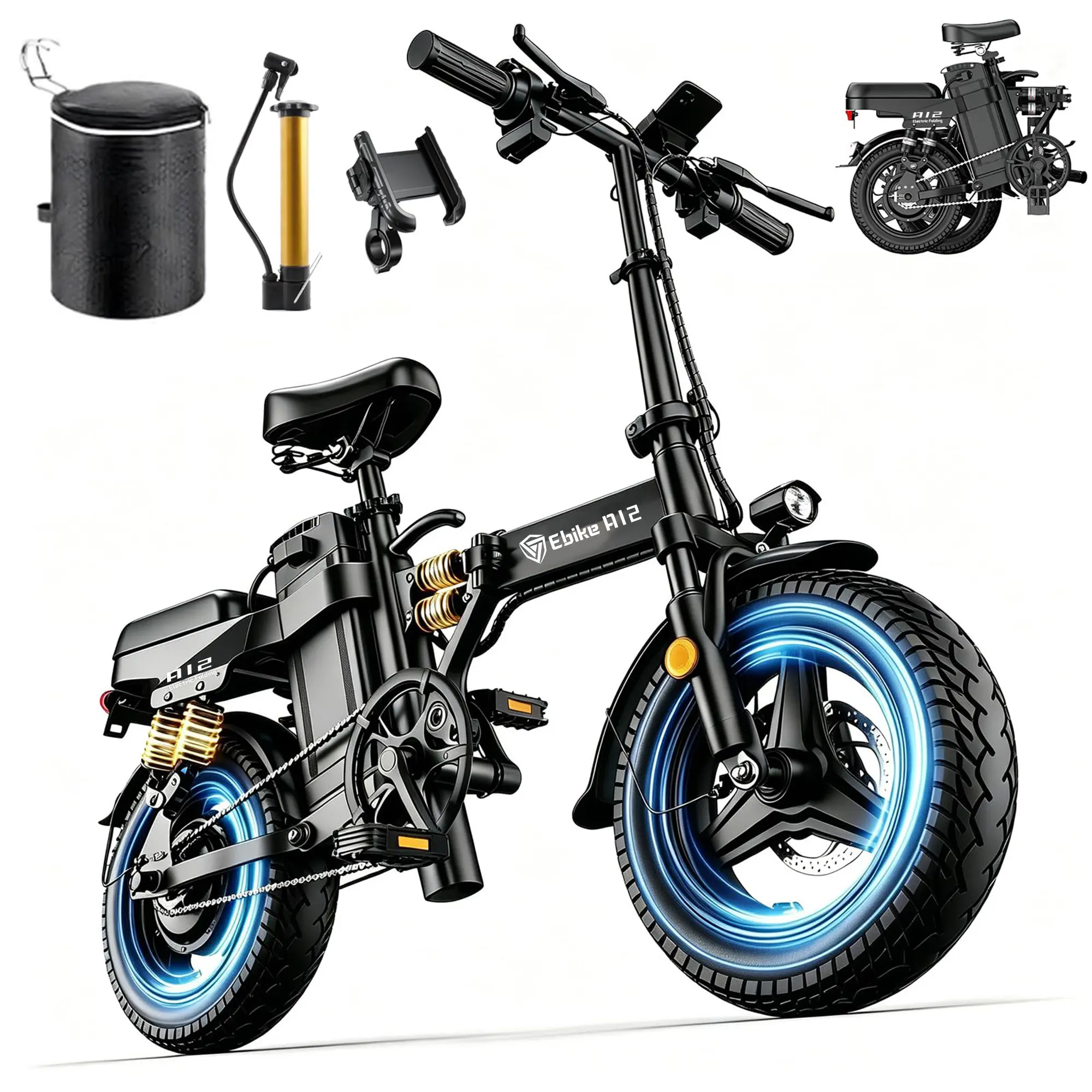 【DZZTH】A12 Foldable EBike, 14"Commuter Adult Electric Bicycle, Peak Power 1000W, MAX PAS Range 60Miles,28 MPH Top Speed,48V15Ah Removable Battery, 14"Anti-Stab Tire and Rear Disc Brake Design, LED Display Portable Ebike,Can Carry 2 People