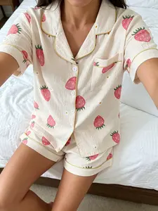 Women's Cute Strawberry Print Pajama Set, Short Sleeve Open Front Top + Shorts, Casual Fitted Sleepwear for All Seasons