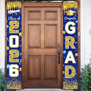 2026 Graduation Season Party Porch Couplet Banner, Blue and Gold Graduation Hat Pattern, Outdoor Decorative Flag, 12x70.8 inches, Polyester Material, For Graduation Party Decoration, Grad Party Decorations