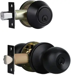 Front Door Lock Set Exterior Door Lock Set with Deadbolt, Single Cylinder Deadbolt Lock and Door Knob Set, Keyed Alike,Matte Black Door Knob and Deadbolt Set(1Pack Set)