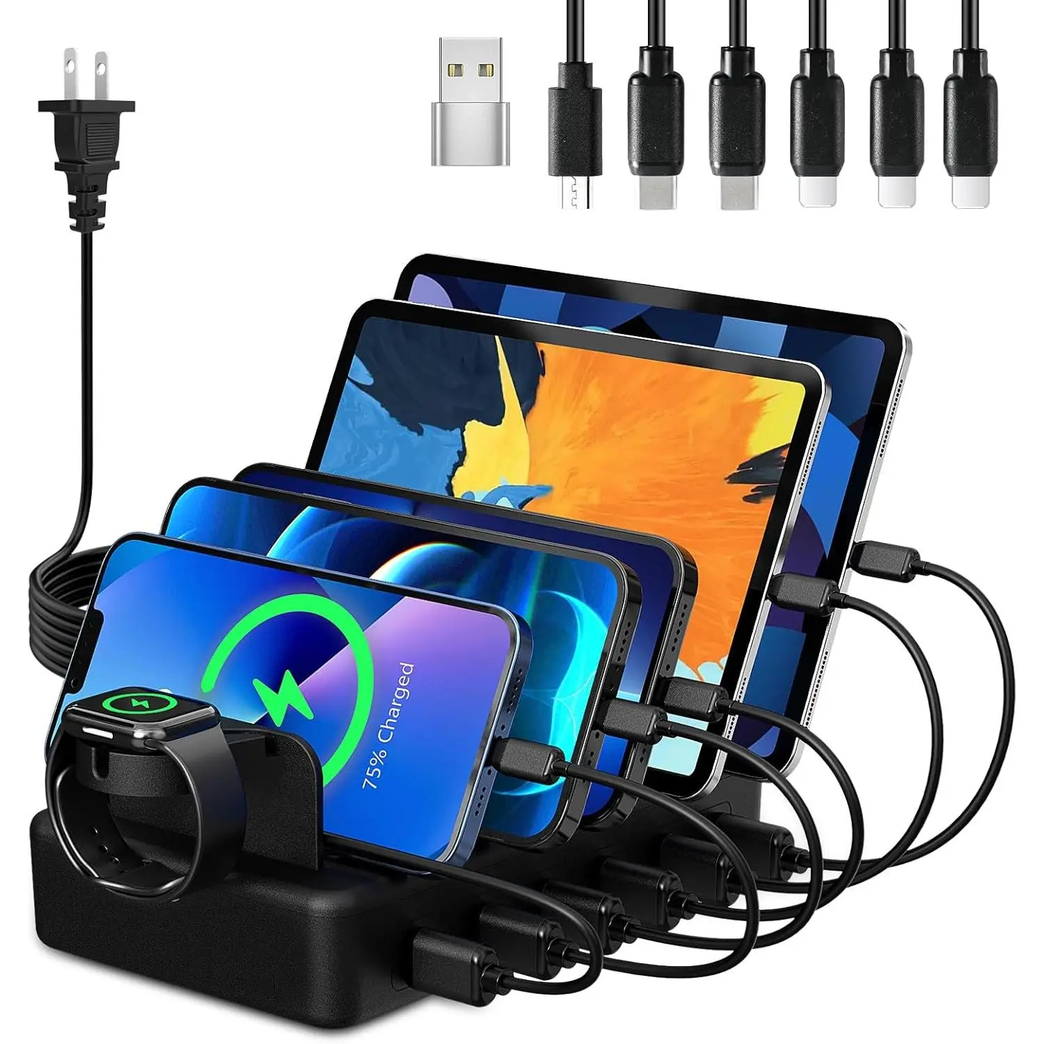 Station for Multiple Devices,  50W 6 Ports USB Charger Station with  Watch Holder & 6 Cables,  Dock for iPad Cellphone Kindle Tablet and Other  (Black)