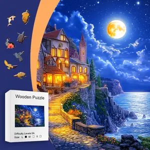 Viral Moonlit Coastal Town Wooden Puzzle | 5A High Difficulty A4 Size, Irregular Animal Pieces, Adult Stress Relief, Home Decor & Family Gift
