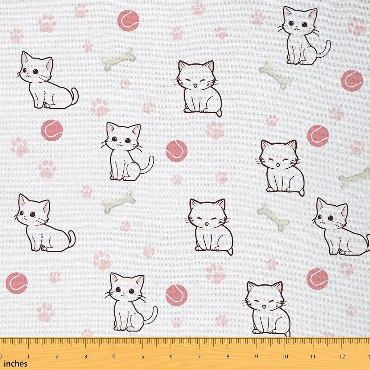 Kawaii Cats Fabric Lovely Cartoon Pet Animals Dreamy No Stretch Fabric Sewing Watercolor Pink Ball Paw Print Soft Flannel Polyester Fabric DIY Home Accents Pre-Cut