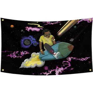 Rocket Flag 3x5 Ft Rapper Tapestry Decor with Starry Sky Pattern Premium Grade Polyester Fade-Resistant Artwork for Room Decoration Boho Floral Design Boho Shabby Chic