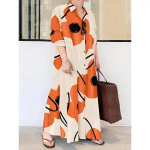 Plus-size printed button-front shirt dress, elegant long-sleeve collared dress for spring and autumn, women’s everyday wear, women’s clothing, casual wear GARMENTARY