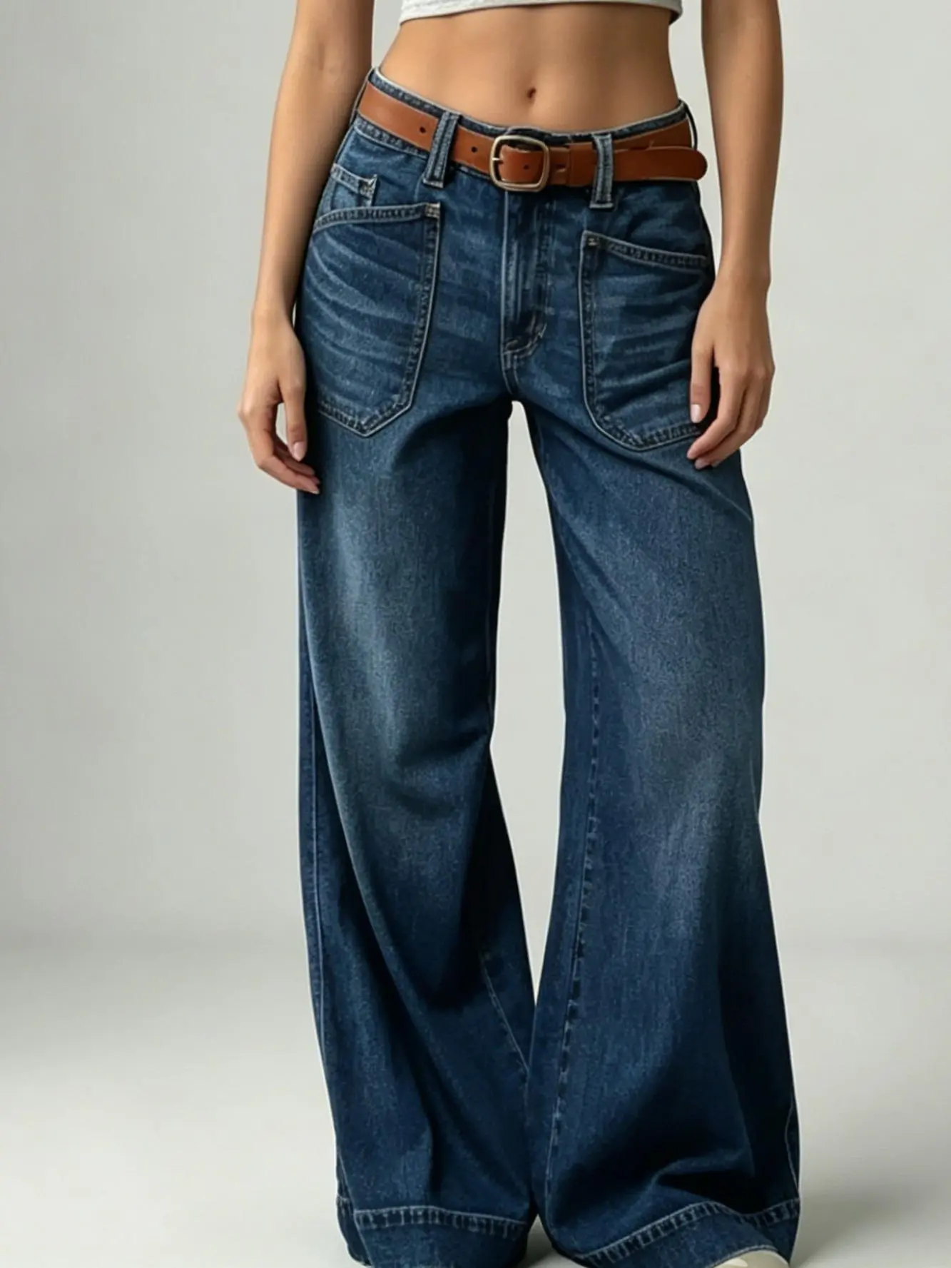 Women's High Waist Dual Square Patch Pocket Loose-Fitting Wide Leg Jeans - Dark Blue Whisker Wash, All Seasons, Below the Ankle, Western Vintage Streetwear Fashion Machine-Washable Denim Pants