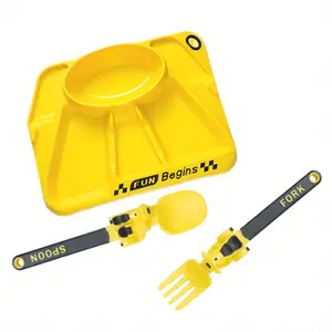 Toddler Kids Dinnerware Set Race Car Themed Divided Plate Fork Spoon with Suction Base Anti Slip Self Feeding Baby Led Weaning Utensils Easy Hold Multicolor Birthday Gift Holiday Fun Eating Experience