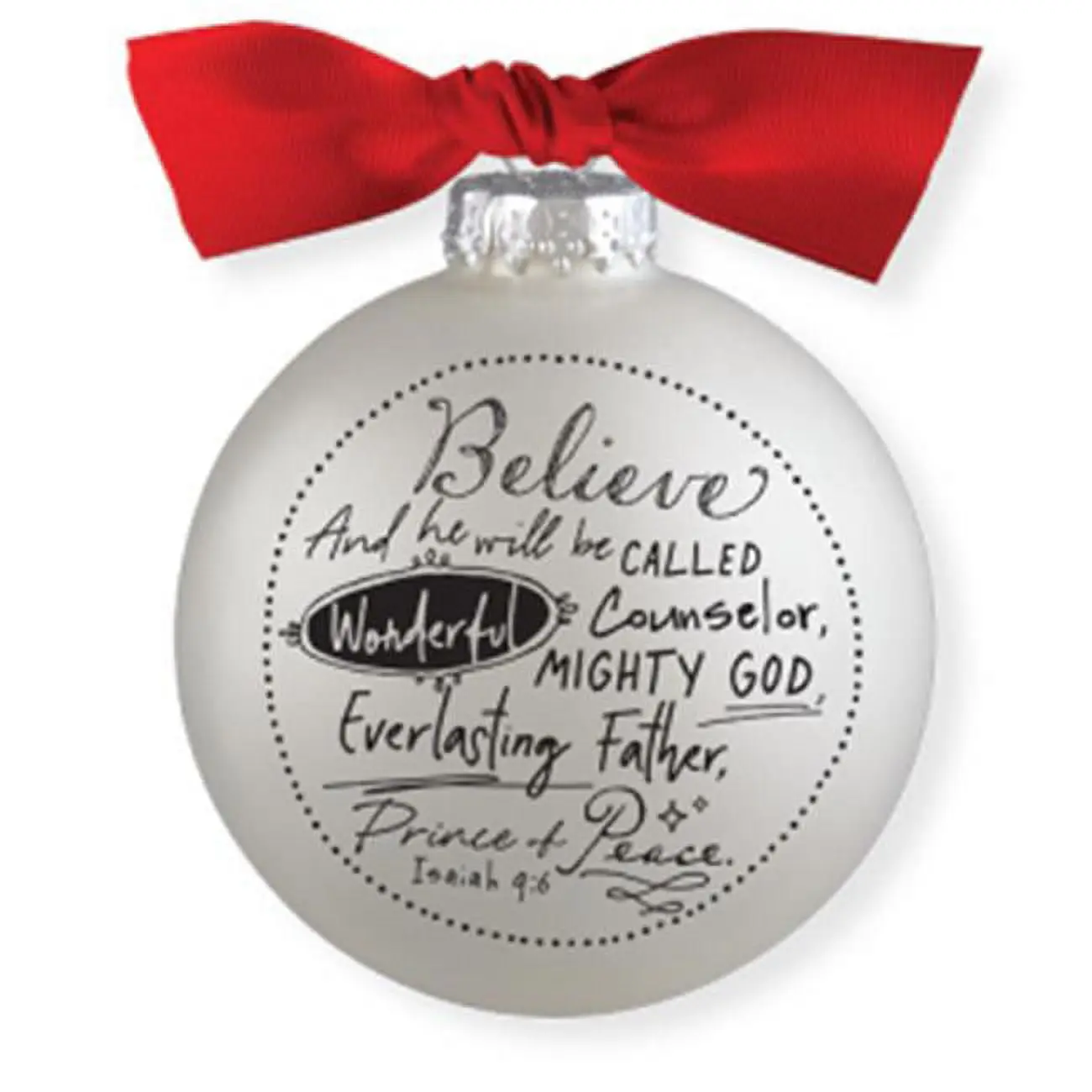 212 MAIN Modern Round Miniature Christmas Ornament - Highest Quality White Decorative Bauble with Scripture Ink "Believe", Red Bows, Exclusive Design for Indoor Home Festive Decor, Indoors