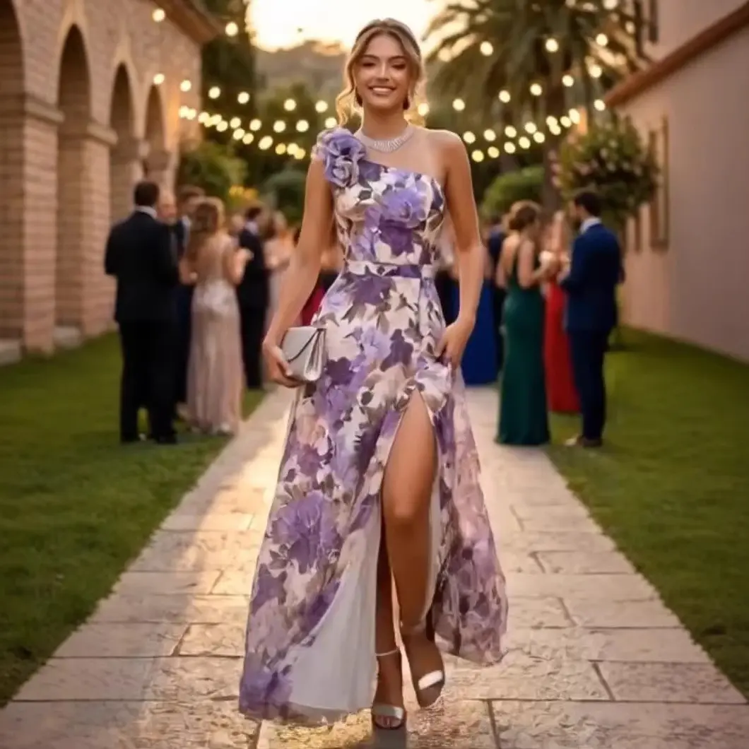 Women's Purple 1-Shoulder Sleeveless Polyester A-Line Digital Floral Print Floor-Length Formal Gown - Bra-Friendly, Built-In Bra, Natural Waist, Statement Style, Cake Skirt, Preppy, Japanese Korean Inspired, for Prom Evening Events, Digital Print