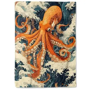 Vintage Octopus Fleece Blanket - 50x60in Retro Ocean Waves Throw Blankets,Soft Cozy Lightweight, Ideal for Living Room Home Rustic Decor and Kids Women Girls Beach Gifts
