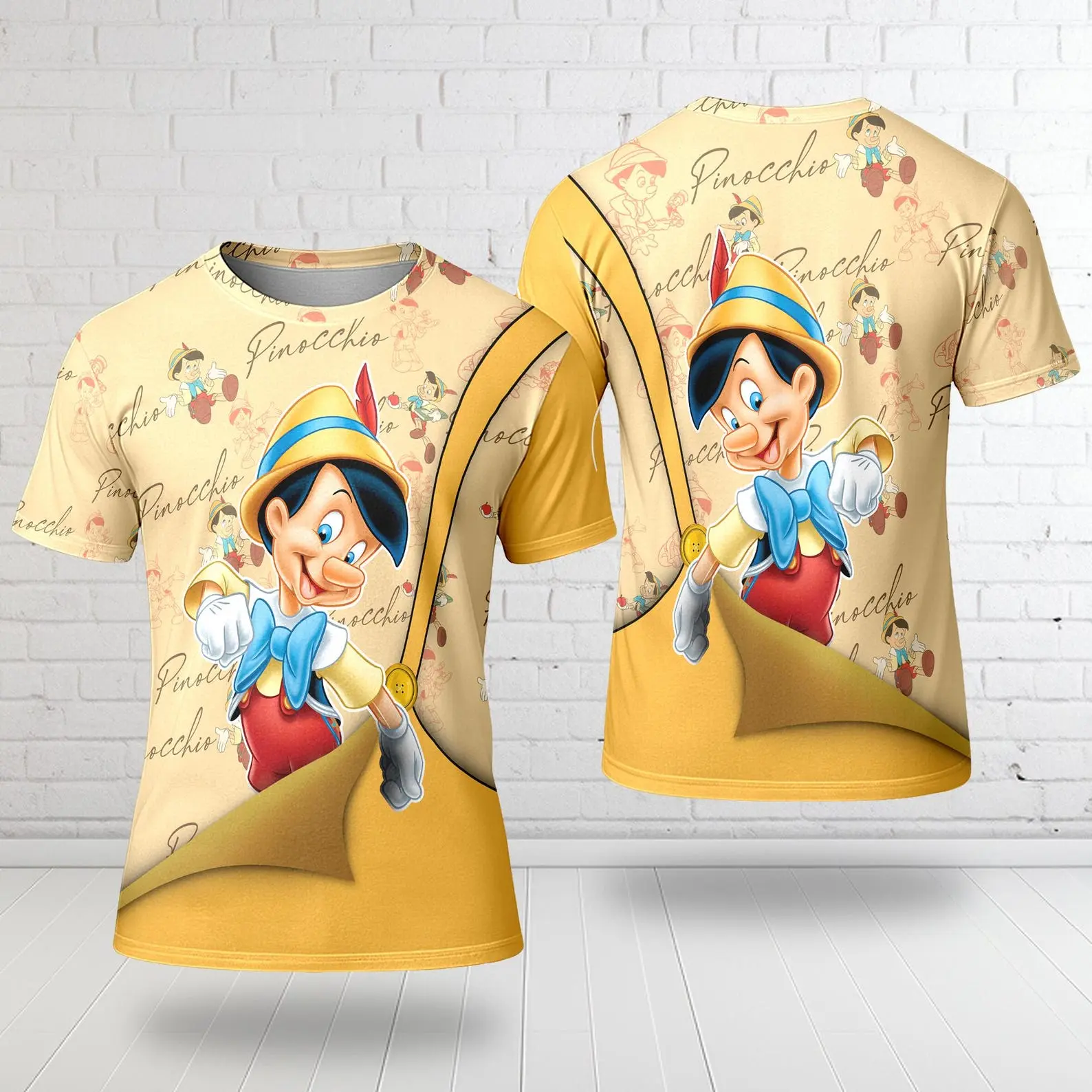 Yellow Golden Button Overalls Patterns 3D T-Shirt, Cartoon Character All Over Print, Pino chio Animated Movie Tee, Summer Trip Tee