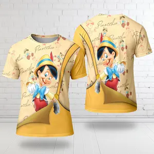 Yellow Golden Button Overalls Patterns 3D T-Shirt, Cartoon Character All Over Print, Pino chio Animated Movie Tee, Summer Trip Tee