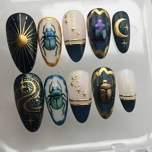 Handmade Scarab Beetle Press On Nails: Custom Gel Faux Acrylic - Egyptian Sun Moon - Dark Blue Gold Celestial Art - Luxury Almond Gift