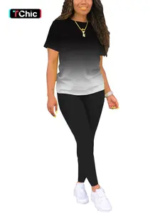 Women's Ombre Round Neck Tee & High Waist Leggings Set, Casual Short Sleeve T-Shirt & Skinny Pants For Daily Outdoor, Women's Clothes For Summer, Outfit