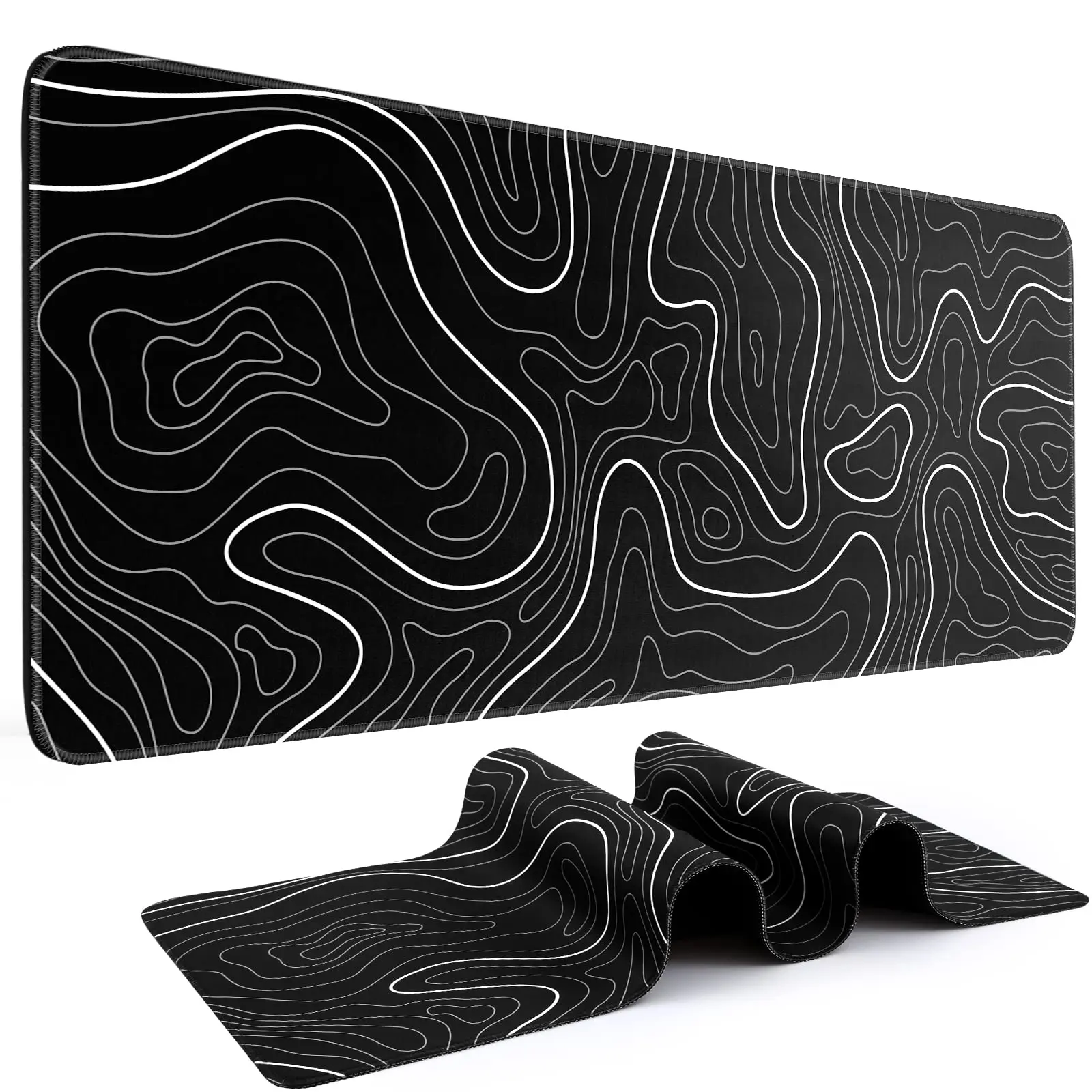 Large Topographic Map Abstract Gaming Mouse Pad Desk Mat XL 31.5 x 11.8 Keyboard Mousepad with Non-Slip Base Stitched Edge