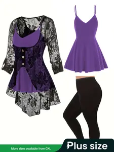 Plus Size Elegant Spring Faux Button Lace Cover-Up and Solid Color Cami Pants Set, Three-Piece for Women