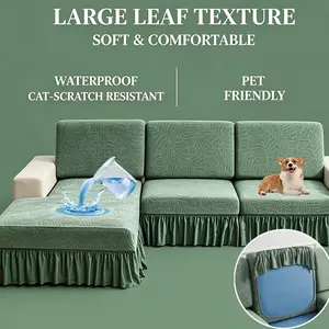 6-Piece Waterproof Sofa Cushion Cover Set, Non-Slip Leaf Pattern Couch Seat Covers with Ruffle Skirt, L-Shaped Chaise Lounge Protector for Sectional Sofa