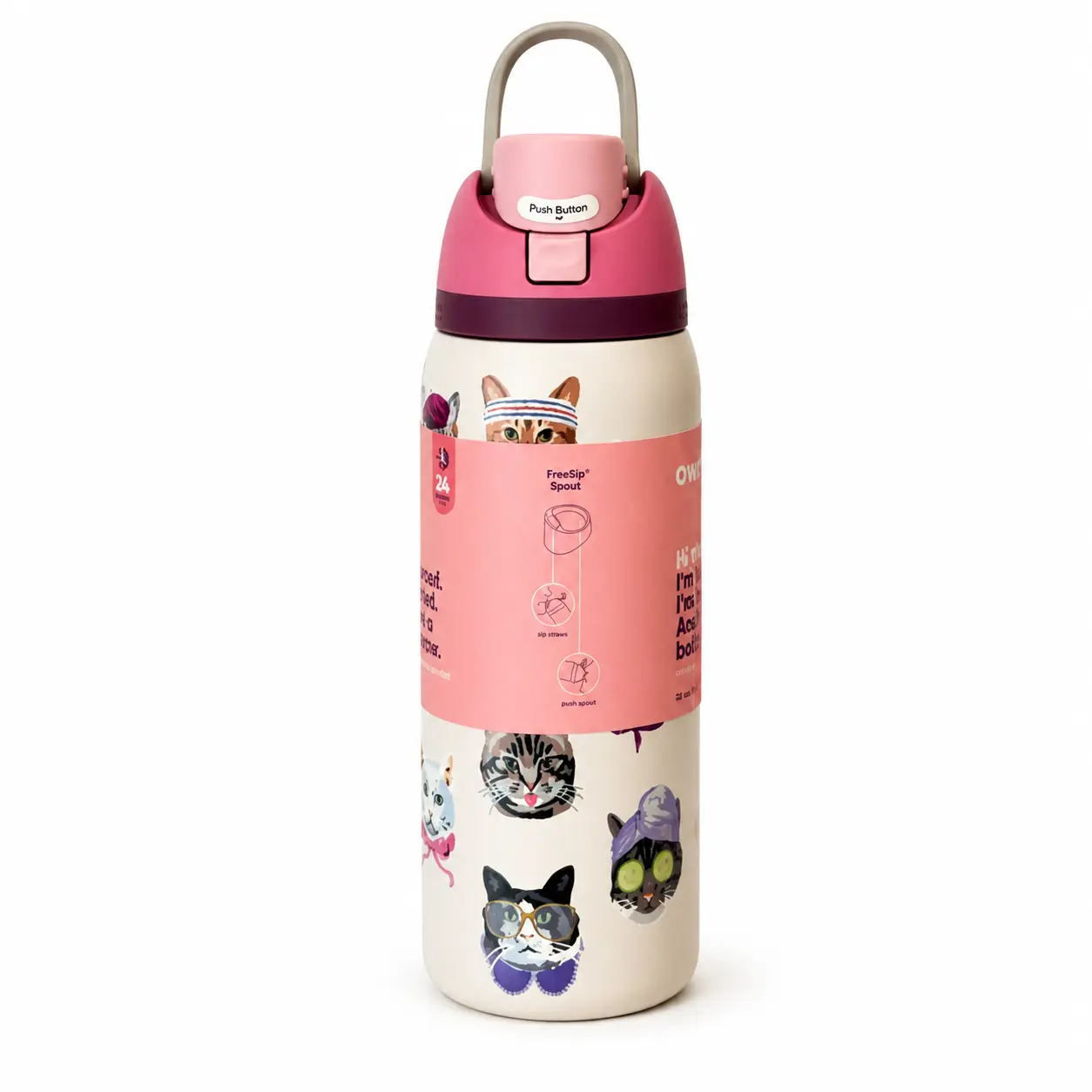 Owala FreeSip 32oz (946ml) Cat Lover Water Bottle - Cute Kitty Print, Leakproof Vacuum Insulated Stainless Steel, Push-Button Handle Lid, Built-In Straw, Keeps Drinks Cold Up to 24 Hours, Women's Travel Gift, Drinkware Must Haves