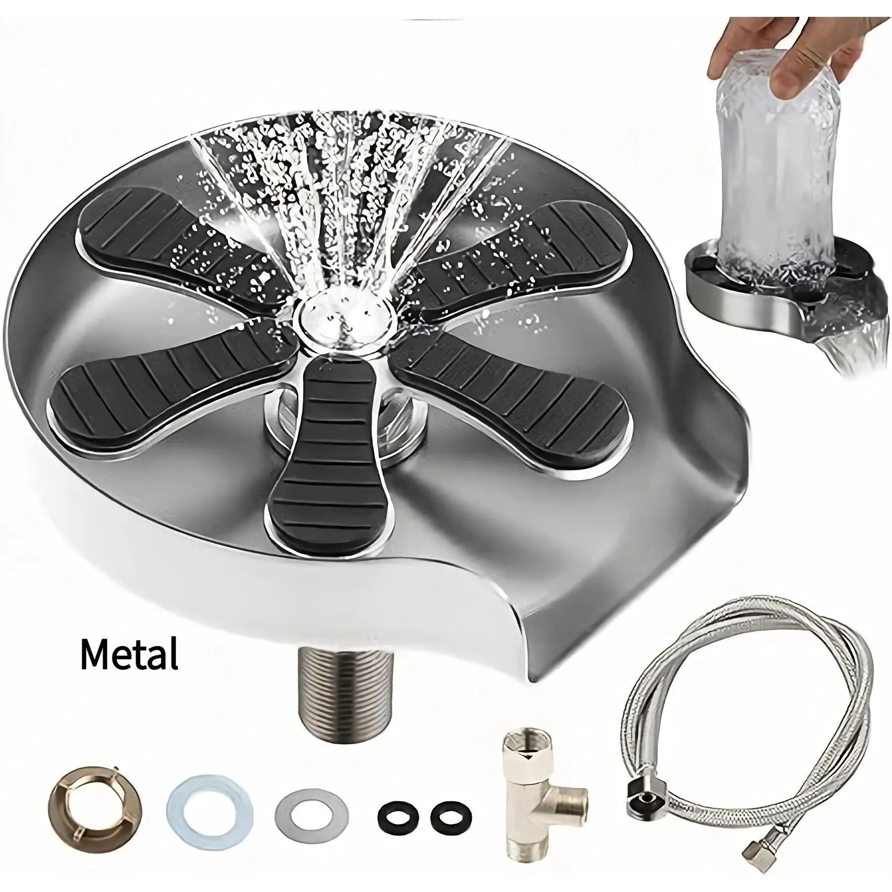 Brushed Nickel Metal Kitchen Sink Glass Rinser - 360° Cleaning, 5-Inch Wide Opening, Instant Cup Washer, No-Drill Easy-Install Faucet Adapter for Wine Glasses, Beer Mugs, Coffee Cups
