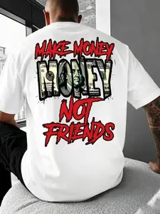 Men's Make Money Not Friends Slogan Graphic Tee Retro Streetwear Style Printed Design Not Textured Casual Crew Neck Short Sleeve Top Soft Breathable Fabric Apparel Trendy Summer Outdoor Clothing Daily Commute Versatile All Season Casual Gift