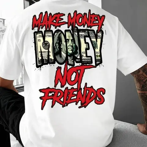 Men's Make Money Not Friends Slogan Graphic Tee Retro Streetwear Style Printed Design Not Textured Casual Crew Neck Short Sleeve Top Soft Breathable Fabric Apparel Trendy Summer Outdoor Clothing Daily Commute Versatile All Season Casual Gift