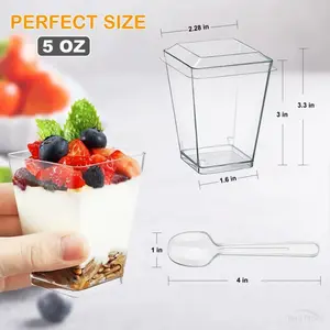 50Pack 5oz Crystal Plastic Dessert Cups with Lids & Spoons - Disposable Square Parfait Cups for Mousse, Tiramisu, Pudding, Party & Catering