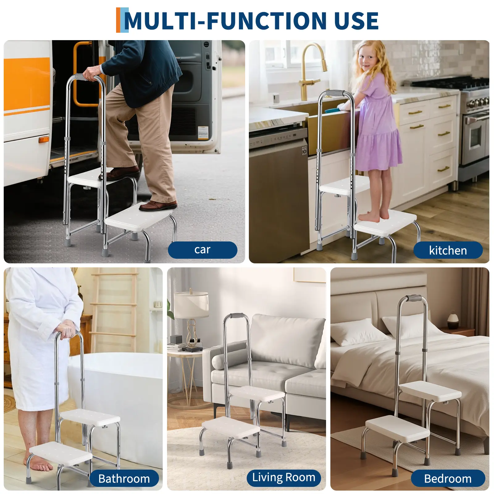 Garvee 450 lb Heavy-Duty Step Stool with Handle & Dual Handrails - Height Adjustable, Non-Slip Platform, Rubber Feet - Bedside/Bathroom/Kitchen/Car - Mobility Aid for Adults & Seniors