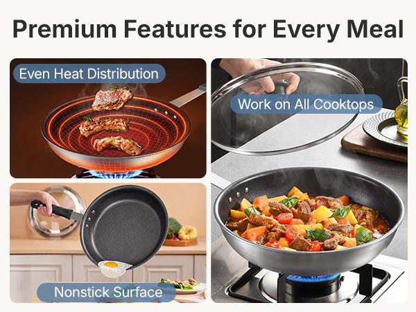 Non Stick Frying Pan, Heavy-Gauge Aluminum Skillet with Reinforced Nonstick Coating, Red Handle, Dishwasher and Oven Safe