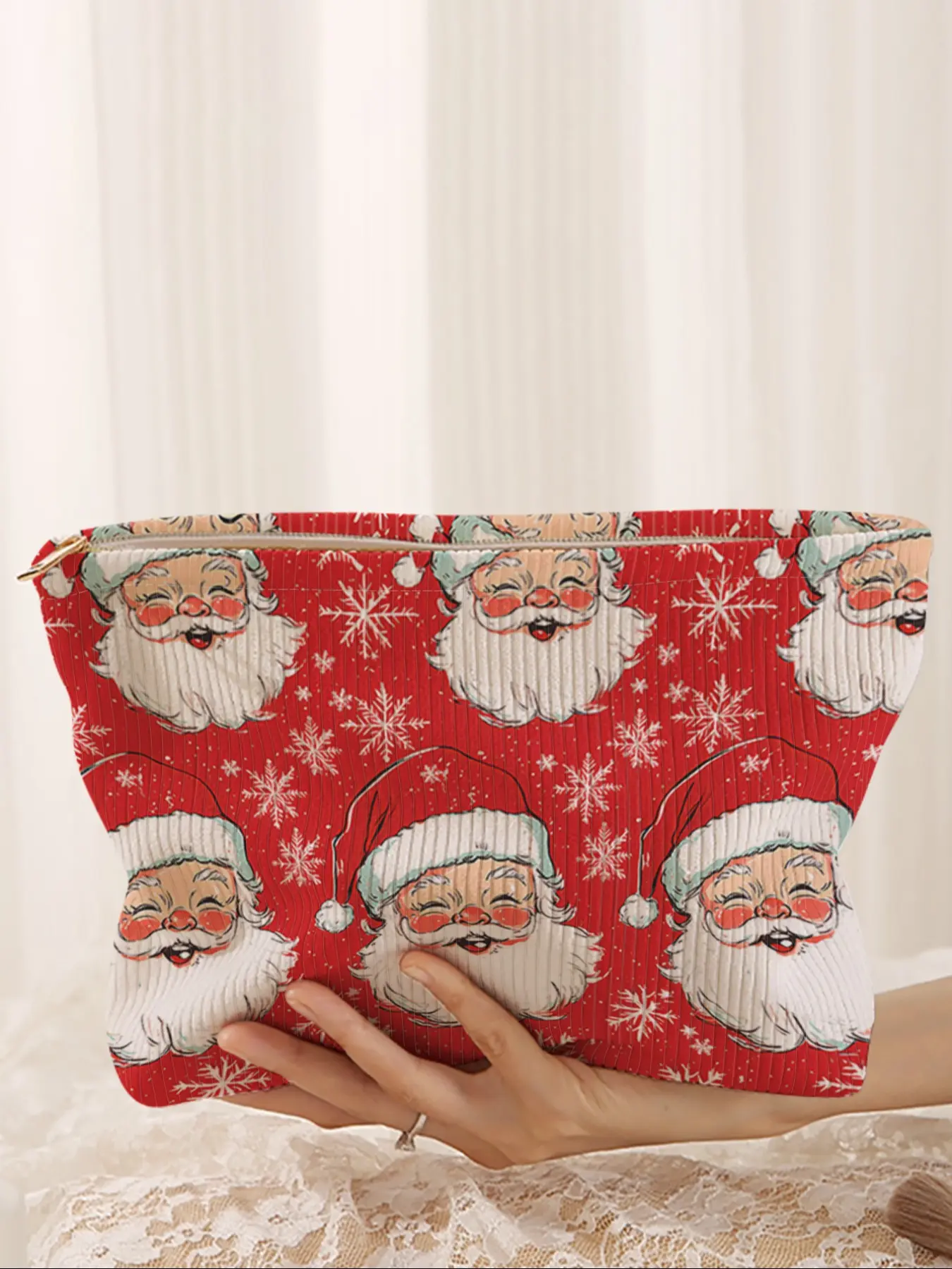 Santa Claus Printed Corduroy Cosmetics Bag Vanity Purse, Cartoon Style, Cute Lightweight Multi-Functional Fashion Casual, Handheld Cosmetic Pouch