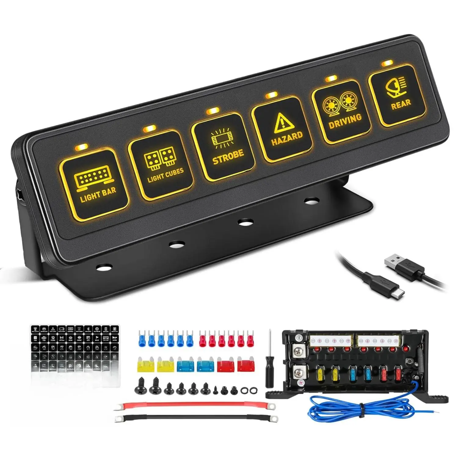 YCHOW-TECH Smart Wireless 6-Gang LED Lighting Switchboard, 12-24V 80A Circuit Control Relay System, 4 Light Modes, Memory Function, Easy Installation, Compatible with Trucks, ATVs, Boats, Center Console LED Lights