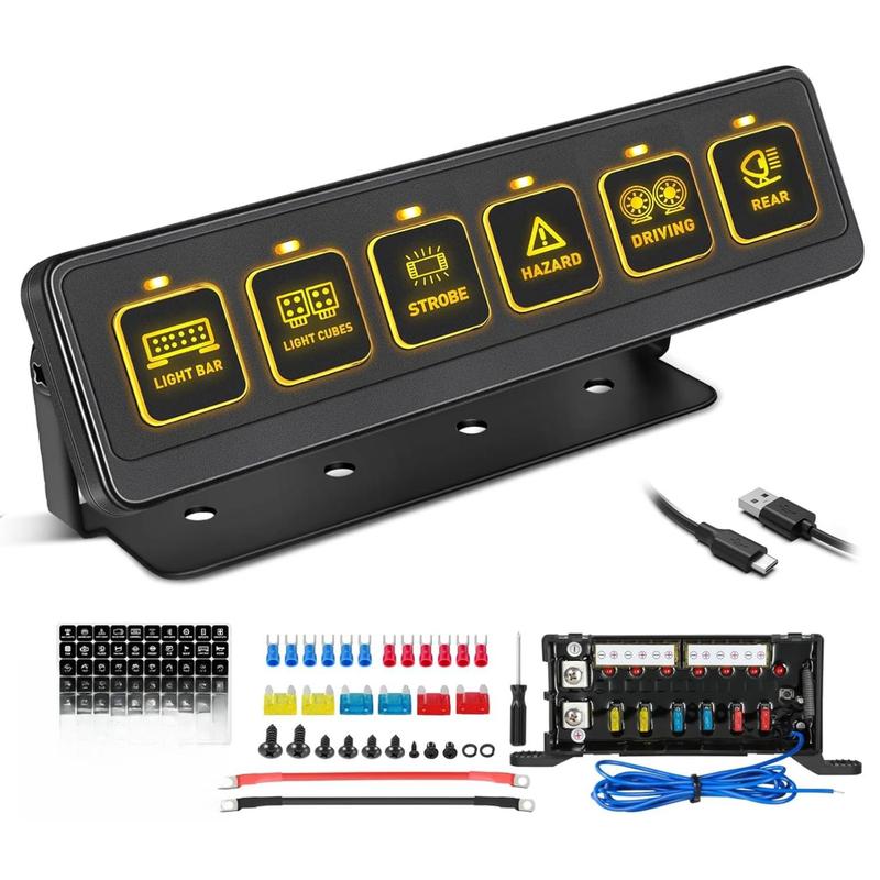 YCHOW-TECH Smart Wireless 6-Gang LED Lighting Switchboard, 12-24V 80A Circuit Control Relay System, 4 Light Modes, Memory Mode, 1080W at 12V, 164ft Remote Use, Easy Installation, 140 Self-Adhesive Labels, for Trucks, Boats LED Lights