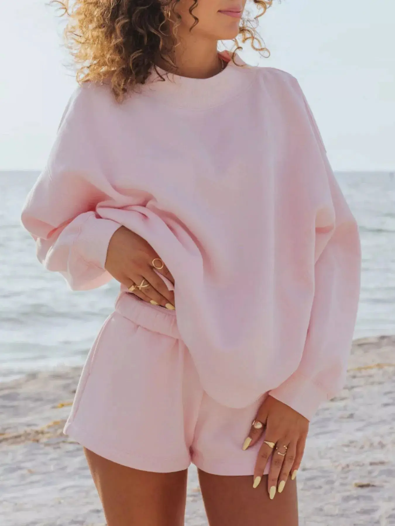 Relaxed Fit Round Neck Sweatshirt and Shorts Set