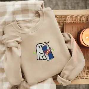 Embroidered Ghost Red Bull Sweatshirt, Cute Ghost Energy Drink Crewneck, Funny Embroidered Ghost Sweater, Energy Drink Sweatshirt