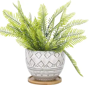 5.5 inch Large Round Bohemian Style Ceramic Planter, Geometry Engrave  Brown Succulent Planter Flower Pot - Indoor Outdoor Decorative Planter