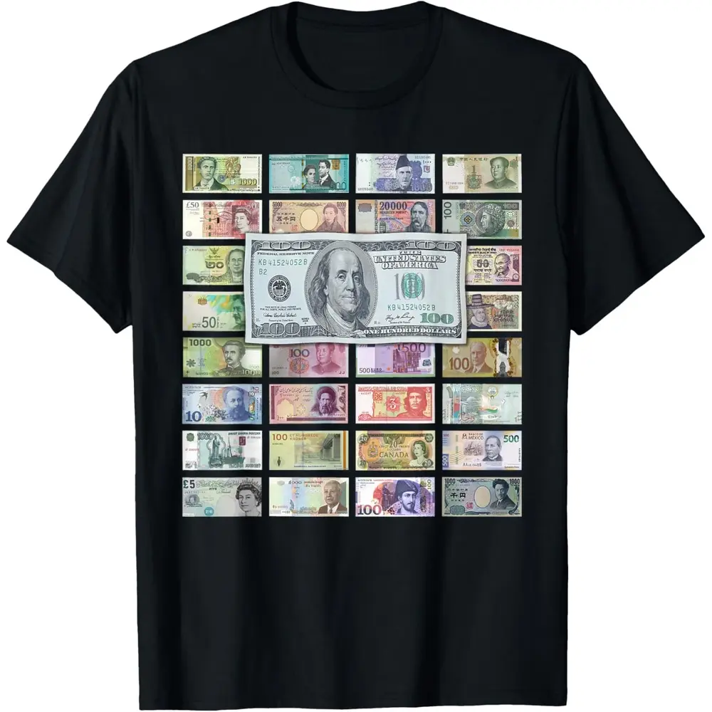 Cotton Global Currencies, World Money & 100 Dollar Bill Design T-Shirt