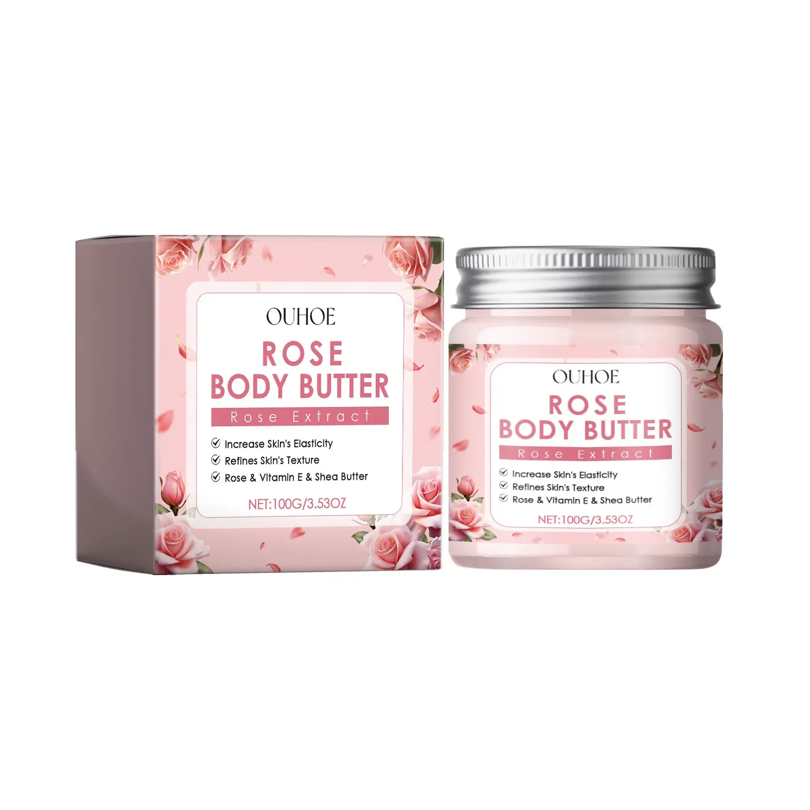 OUHOE Rose Body Butter, Deep Hydrating Body Cream With Vitamin E & Shea Butter, Repair Dry Rough Dull Skin, Brightening Smoothing Moisturizing Moisturizer For Sensitive Skin