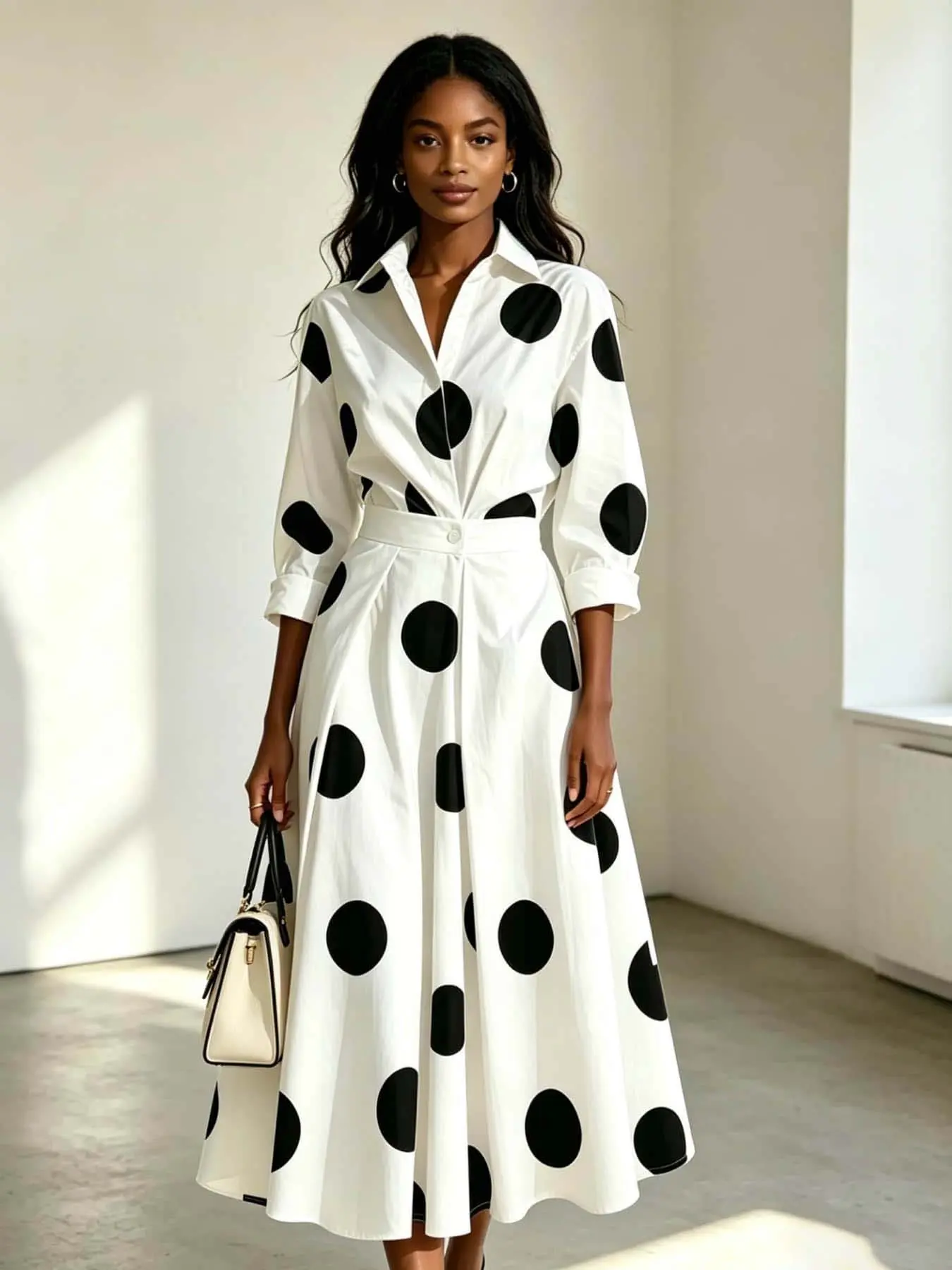A fashionable, stylish, chic and Elegant Print lapel lined dress with loose waist and slimming mid length skirt, suitable for commuting and vacation in all seasons, suitable for weekends, cafes, city outings, short trips, spring picnics, art museums