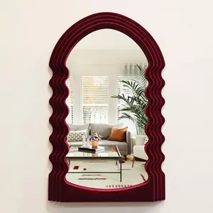 Decor for Home Office Apartment, Colorful Decorative Mirror for Entryway Porch Fireplace, Irregular Hanging Wall Art Sculpture for Christmas (Wine Red)