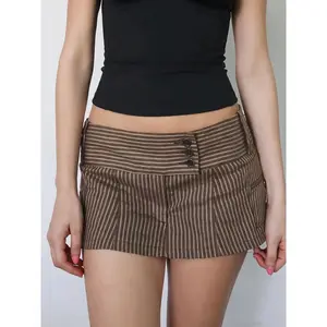 Women's Striped Mini Skirt, Y2K Low Waist Button Pocket Design, Summer Fitted Skirt with Lining, All Seasons Fashion