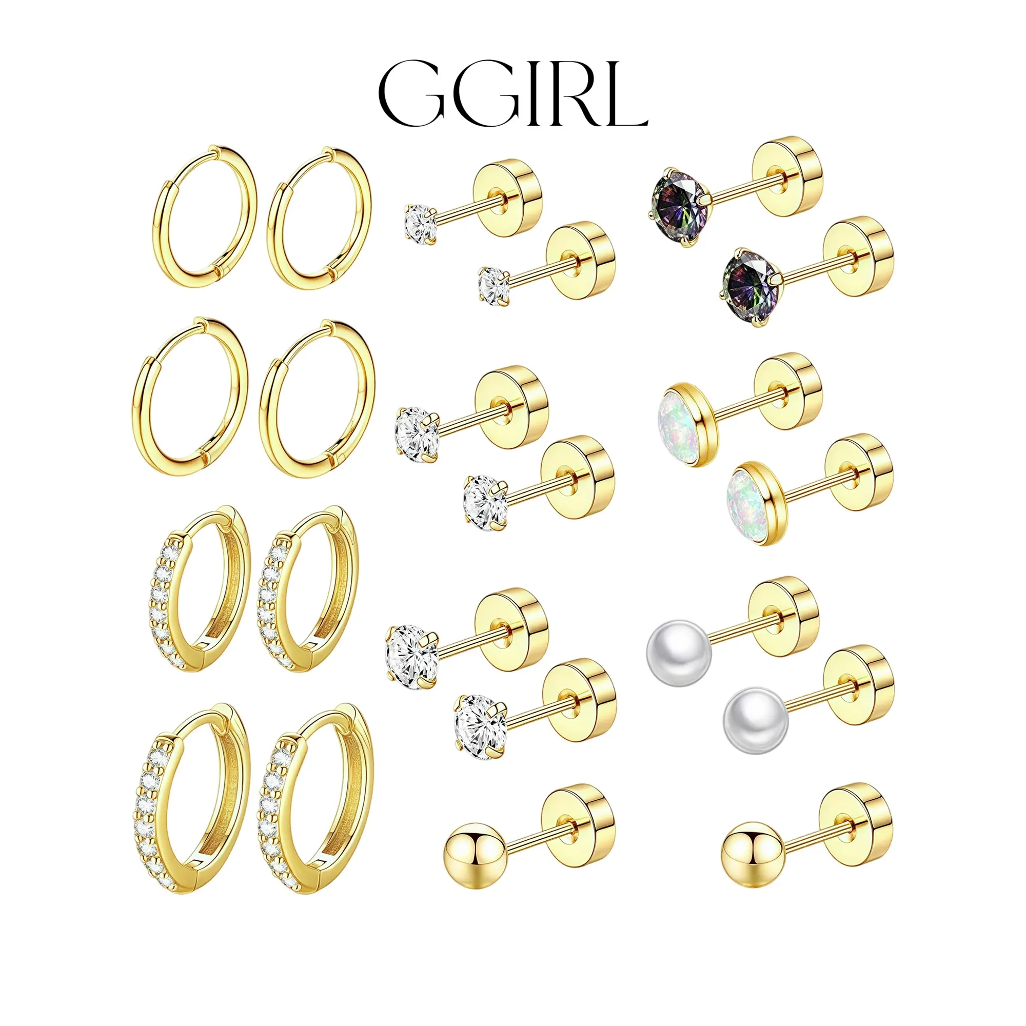 GGIRL 11 Pairs Earrings Set 18K Plated Stainless steel for Multiple Piercing Sensitive Ears Stainless steel Hypoallergenic Small Cartilage Huggie Hoop Cubic Zirconia Earrings Chic Gorgeous Jewelry As Gift for Girlfriend, Elegant Minimalist Earring