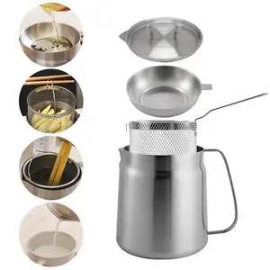 【Summervibes】68oz 304 Stainless Steel Deep Fryer Pot with Basket & Strainer, Large Capacity Bacon Grease Container for Kitchen,Frying, Cooking, Camping,Oil Filter Container - Dishwasher Safe (68oz/2L/2.1Qt)