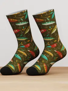 One Pair Fishing Theme Bamboo Fiber Socks, Colorful Bait Pattern Mid-Calf Socks, Unisex Breathable Eco-Friendly Gift, Suitable for Fishing & Outdoor Enthusiasts, Socks Men