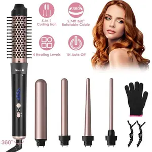 5 in 1 Hair Curling Set, Thermal Curling Brush with 5 Interchangeable Barrels, 4 Heating Levels, 360° Rotatable Cable and 2 Hair Clips, Multifunctional Hair Styling Tools-5165