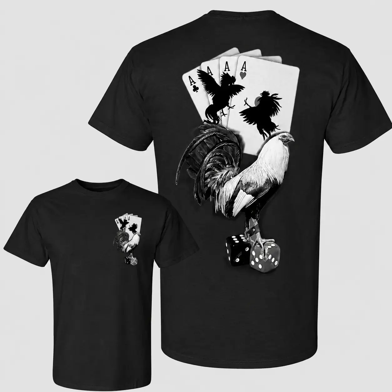Lucky Gamefowl Rooster Shirt, Rooster Poker Graphic Tee, Double Sided Unisex T-Shirt, Casino Dice Playing Cards Shirt, Gift For Unisex Cotton T-Shirt