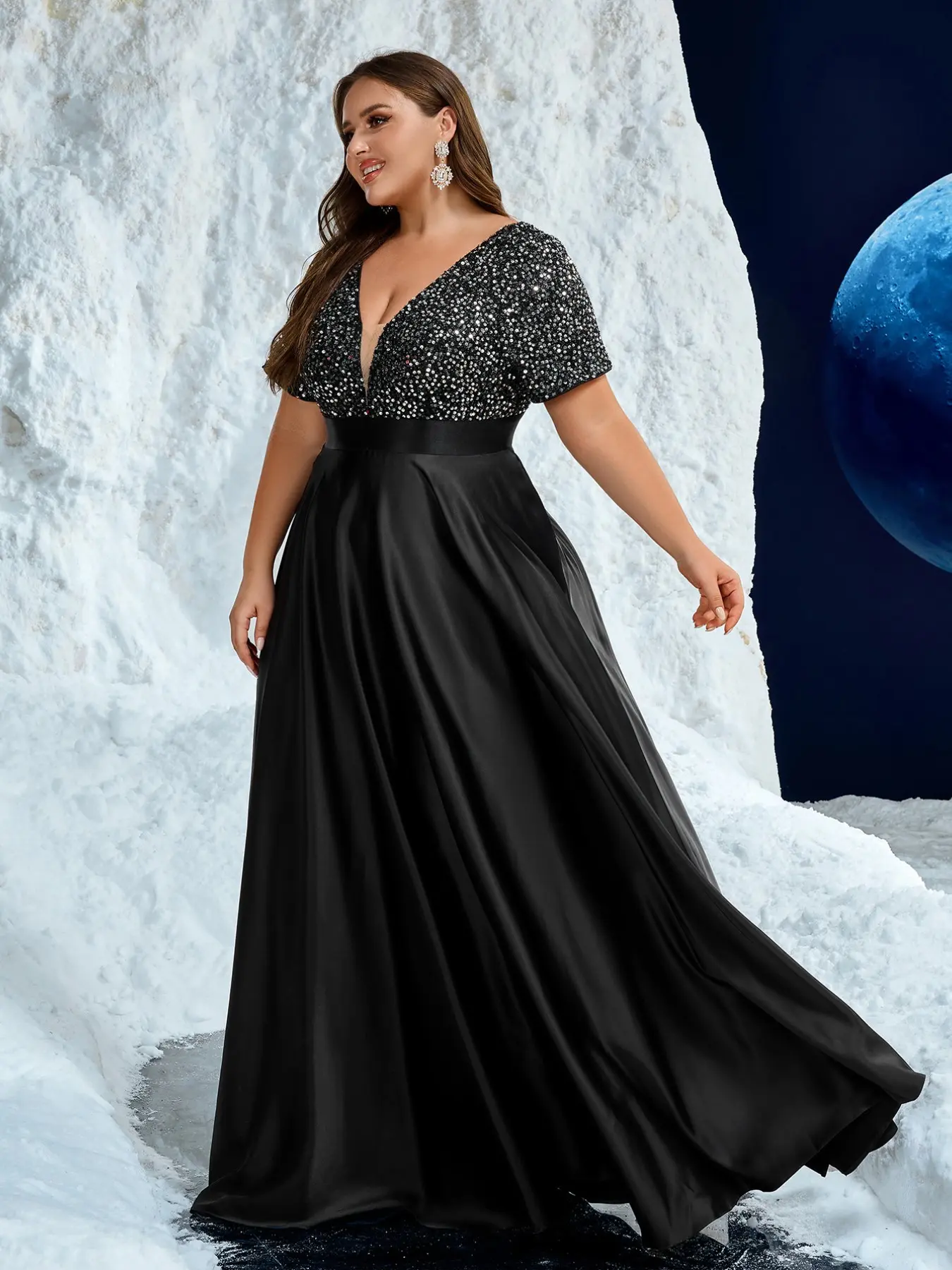 Elegant V-Neck Sequined Short Sleeve Dress, Satin Overlay Ruched Gown, Formal Evening Party Ballgown, Luxurious Draped Maxi Dress