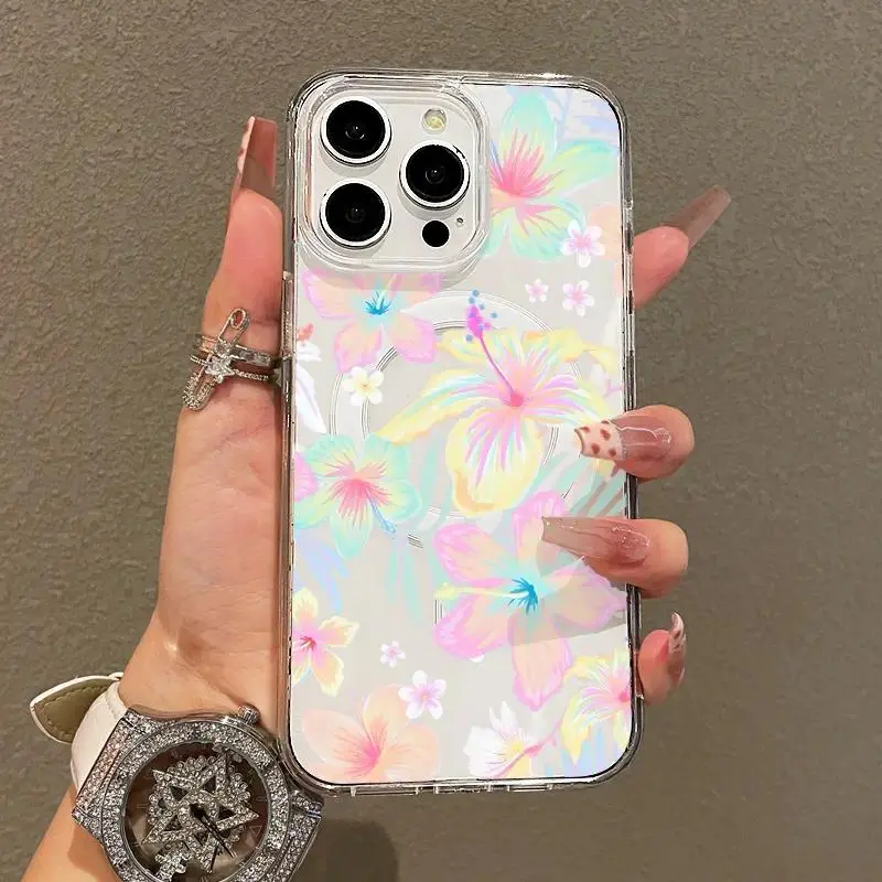 Pastel Tropical Hibiscus Floral Style Phone Case for iPhone 11+, MagSafe-Fit Transparent Slim Flexible TPU Cover, Shockproof Soft Shell with Protection, Lightweight Carry, Flexible TPU Hugs Your Phone Snugly, Standout Look Cellphone Accessory, Casing