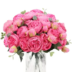 DEEMEI Artificial Pink Peony Red Rose Forever Flower Silk Peonies Bouquet ,4 Bundles Fake Flowers Bulk Home Wedding Stuff Party House Decoration